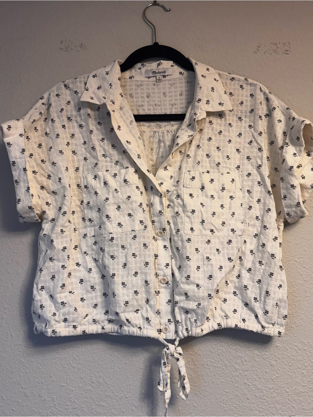 Madewell White Cropped Button-Front Tie-Hem Top with Navy Floral Print